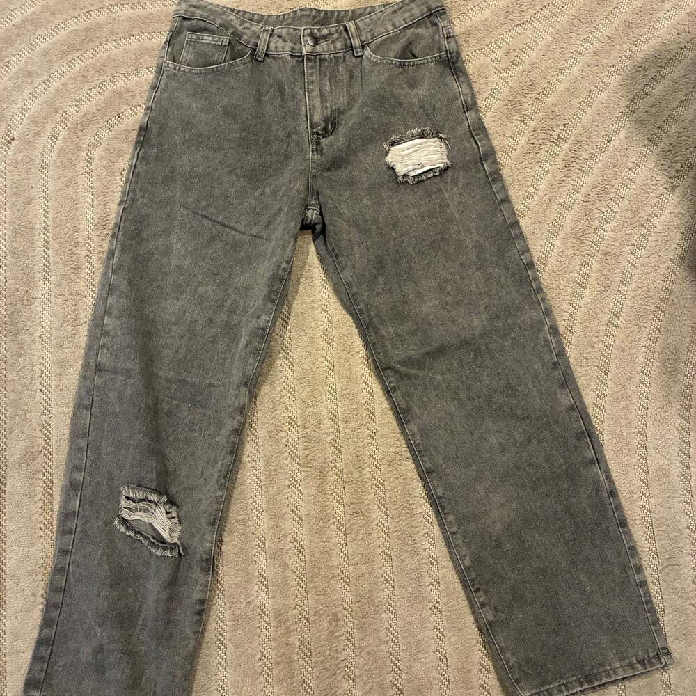 SHEIN Ash Grey Ripped Mom Fit Jeans
